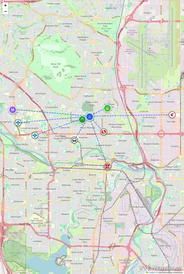 Daily accessibility map for 639 29 AV NW, Calgary showing nearby schools, grocery stores, parks, LRT stations and nearby amenities