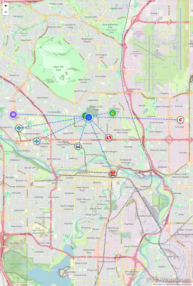 Daily accessibility map for 925 32 AV NW, Calgary showing nearby schools, grocery stores, parks, LRT stations and nearby amenities