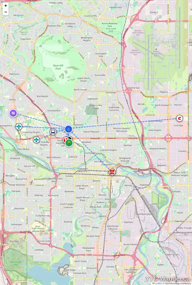 Daily accessibility map for 1717 23 AV NW, Calgary showing nearby schools, grocery stores, parks, LRT stations and nearby amenities