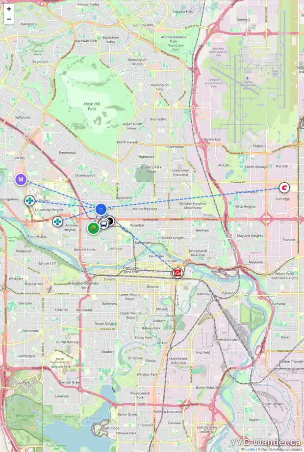 Daily accessibility map for 1913 21 AV NW, Calgary showing nearby schools, grocery stores, parks, LRT stations and nearby amenities