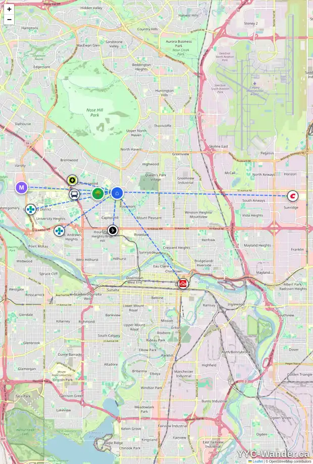 Daily accessibility map for 1620 CHESTER PL NW, Calgary showing nearby schools, grocery stores, parks, LRT stations and nearby amenities