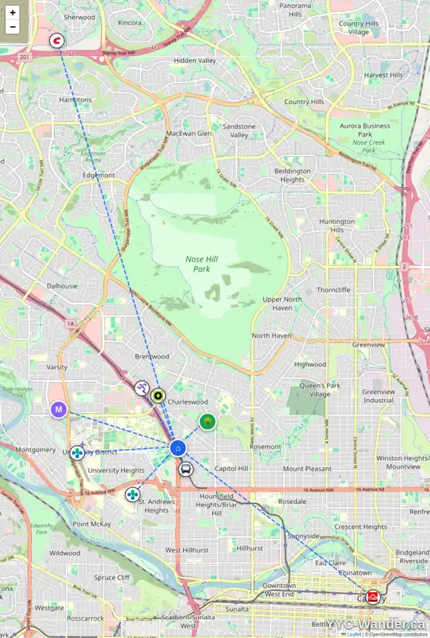 Daily accessibility map for 2505 24 ST NW, Calgary showing nearby schools, grocery stores, parks, LRT stations and nearby amenities