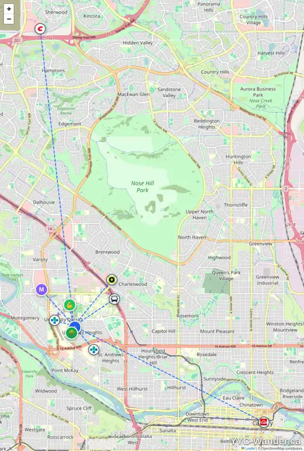 Daily accessibility map for 2439 UXBRIDGE DR NW, Calgary showing nearby schools, grocery stores, parks, LRT stations and nearby amenities