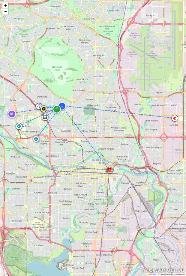 Daily accessibility map for 10 COLUMBIA PL NW, Calgary showing nearby schools, grocery stores, parks, LRT stations and nearby amenities