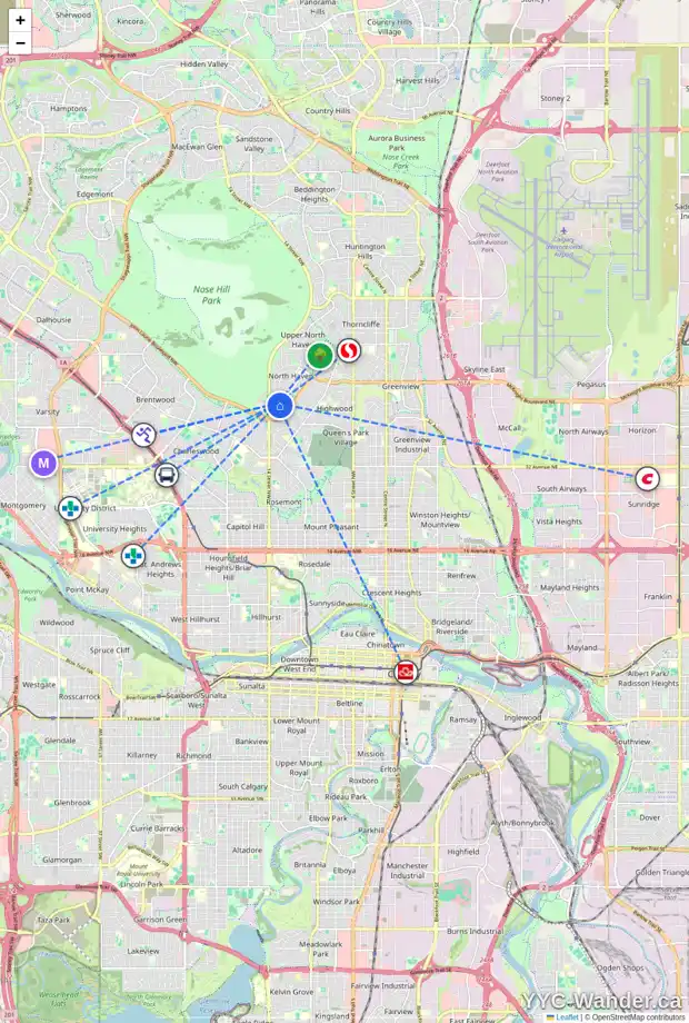 Daily accessibility map for 4603 NORTH HAVEN DR NW, Calgary showing nearby schools, grocery stores, parks, LRT stations and nearby amenities
