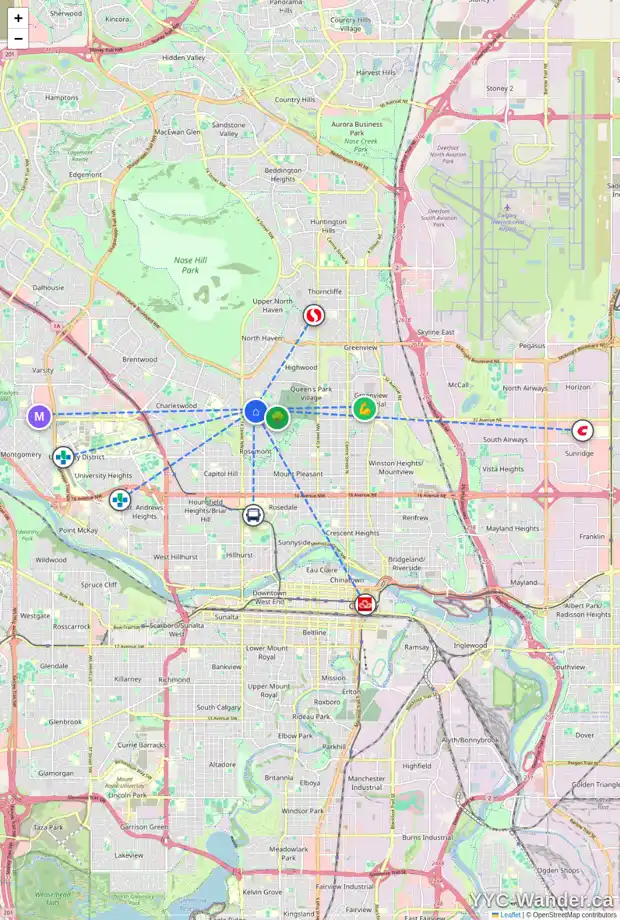 Daily accessibility map for 28 COMMERCE ST NW, Calgary showing nearby schools, grocery stores, parks, LRT stations and nearby amenities