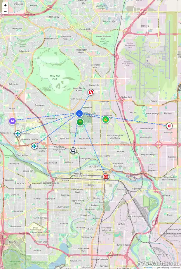 Daily accessibility map for 1036 39 AV NW, Calgary showing nearby schools, grocery stores, parks, LRT stations and nearby amenities