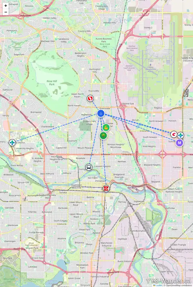 Daily accessibility map for 4507 CENTRE ST NW, Calgary showing nearby schools, grocery stores, parks, LRT stations and nearby amenities