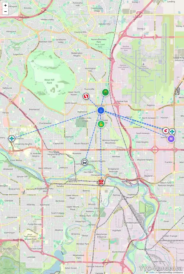 Daily accessibility map for 4515 GREENVIEW DR NE, Calgary showing nearby schools, grocery stores, parks, LRT stations and nearby amenities
