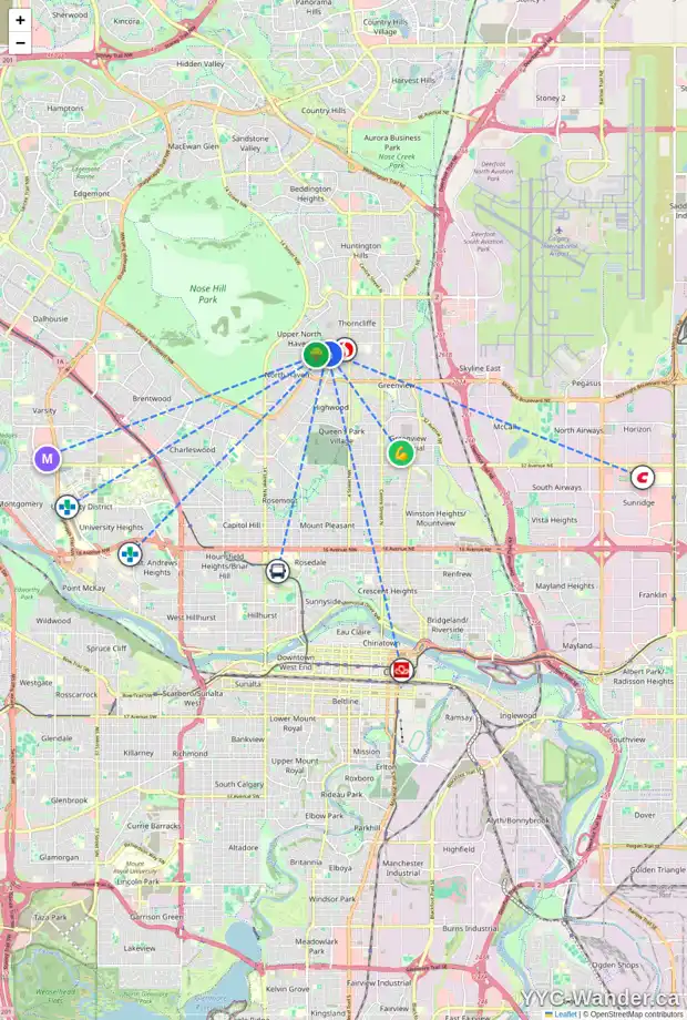 Daily accessibility map for 86 THORNLEE CR NW, Calgary showing nearby schools, grocery stores, parks, LRT stations and nearby amenities