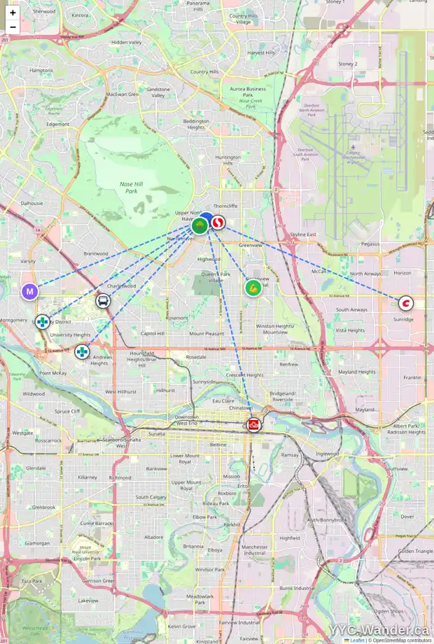 Daily accessibility map for 828 TRAFFORD DR NW, Calgary showing nearby schools, grocery stores, parks, LRT stations and nearby amenities