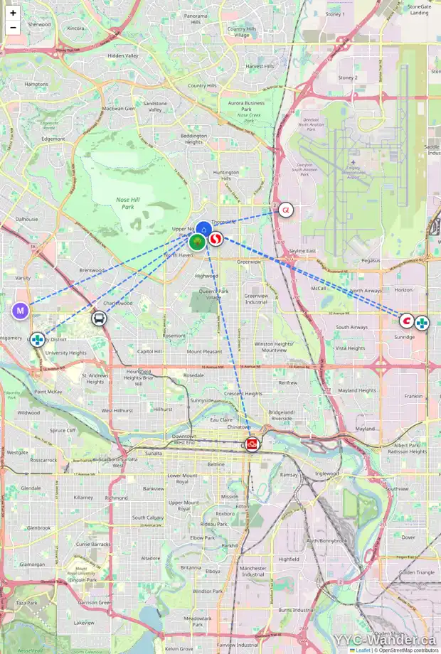 Daily accessibility map for 199 THAMES CL NW, Calgary showing nearby schools, grocery stores, parks, LRT stations and nearby amenities