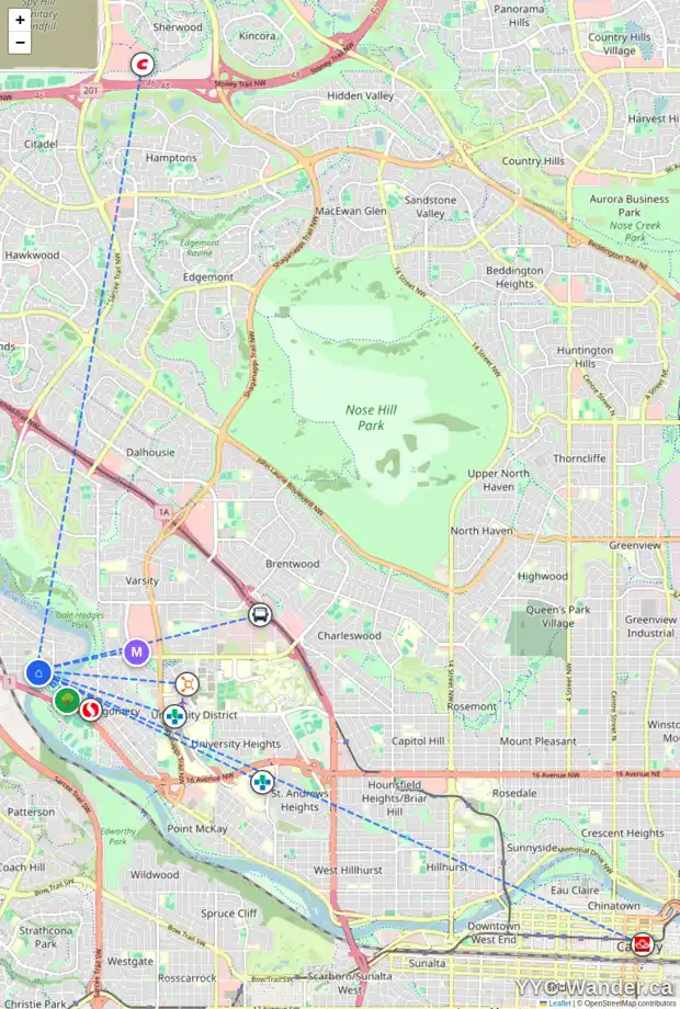 Daily accessibility map for 605 6223 31 AV NW, Calgary showing nearby schools, grocery stores, parks, LRT stations and nearby amenities