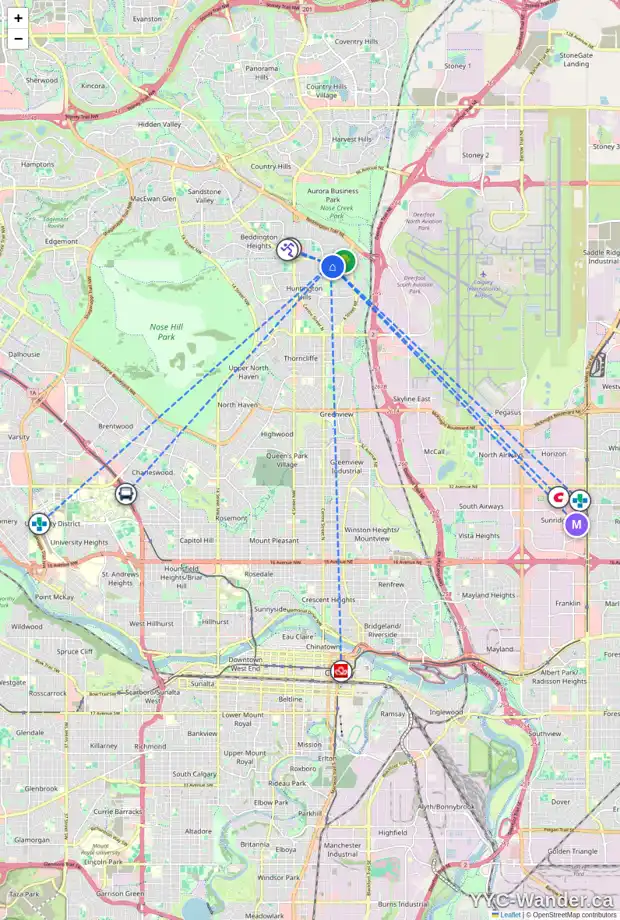 Daily accessibility map for 135 HUNTWICK WY NE, Calgary showing nearby schools, grocery stores, parks, LRT stations and nearby amenities