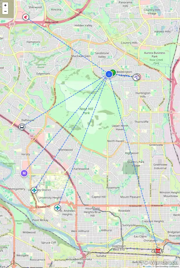 Daily accessibility map for 64 BEACHAM RI NW, Calgary showing nearby schools, grocery stores, parks, LRT stations and nearby amenities