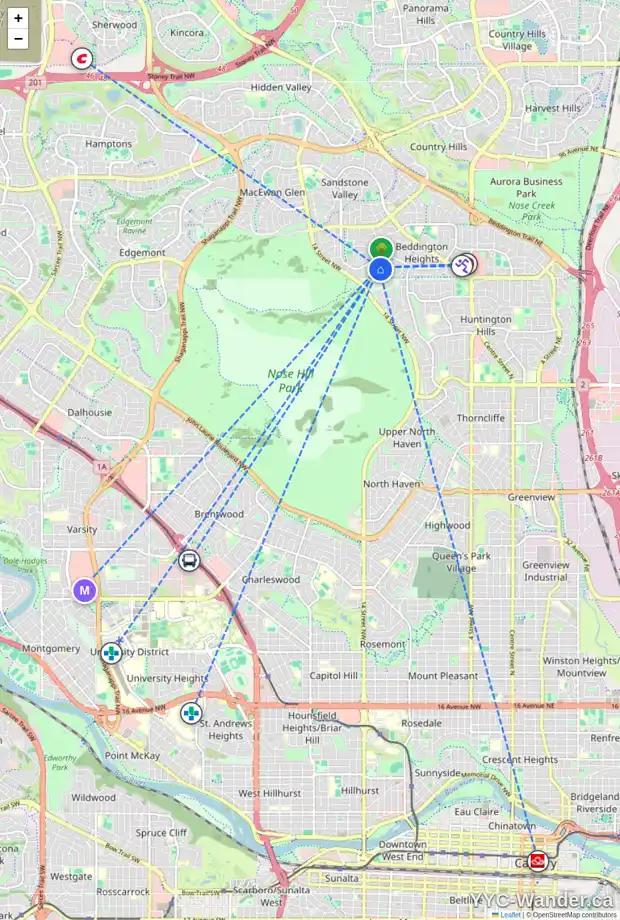 Daily accessibility map for 27 BERMONDSEY PL NW, Calgary showing nearby schools, grocery stores, parks, LRT stations and nearby amenities