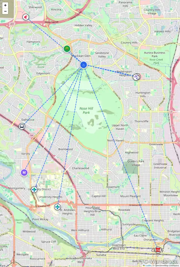Daily accessibility map for 40 MACEWAN GLEN RD NW, Calgary showing nearby schools, grocery stores, parks, LRT stations and nearby amenities