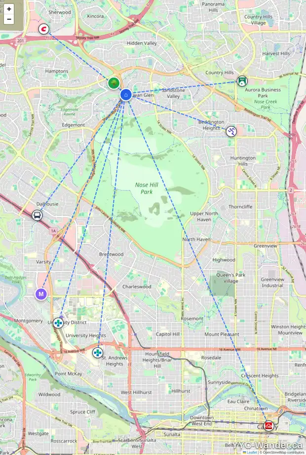 Daily accessibility map for 84 MACEWAN PARK CL NW, Calgary showing nearby schools, grocery stores, parks, LRT stations and nearby amenities