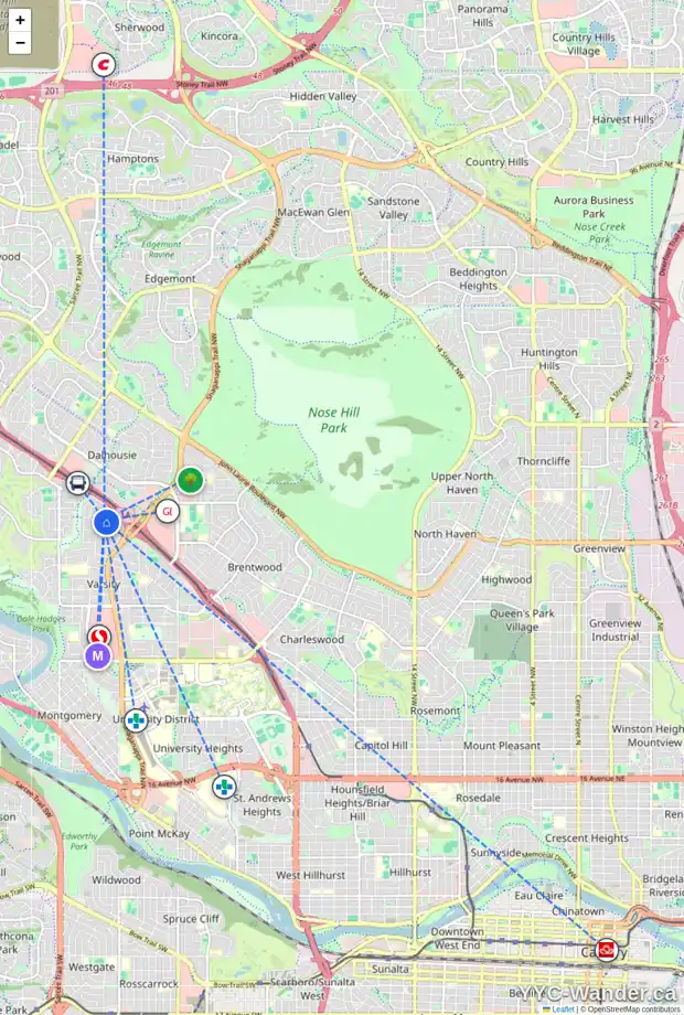Daily accessibility map for 4888 VANDOOS PL NW, Calgary showing nearby schools, grocery stores, parks, LRT stations and nearby amenities