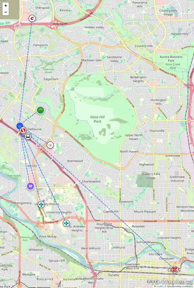 Daily accessibility map for 54 DALHOUSIE CR NW, Calgary showing nearby schools, grocery stores, parks, LRT stations and nearby amenities