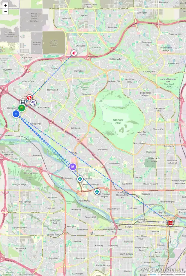 Daily accessibility map for 223 SCENIC PARK PL NW, Calgary showing nearby schools, grocery stores, parks, LRT stations and nearby amenities