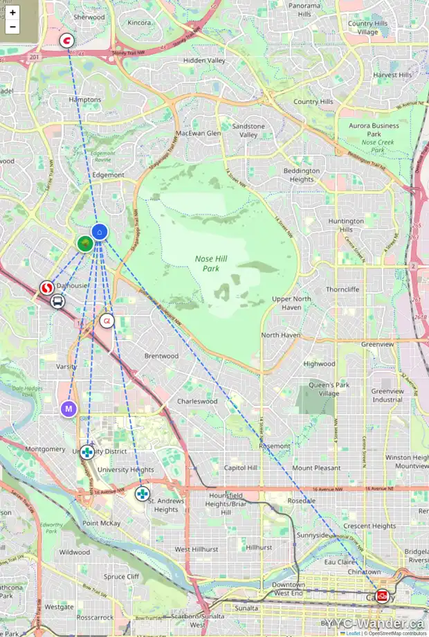 Daily accessibility map for 864 EDGEMONT RD NW, Calgary showing nearby schools, grocery stores, parks, LRT stations and nearby amenities
