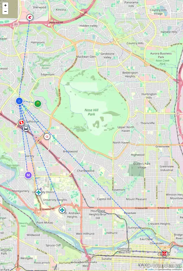 Daily accessibility map for 624 DALMENY HL NW, Calgary showing nearby schools, grocery stores, parks, LRT stations and nearby amenities