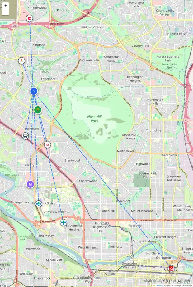 Daily accessibility map for 92 EDGEWOOD DR NW, Calgary showing nearby schools, grocery stores, parks, LRT stations and nearby amenities