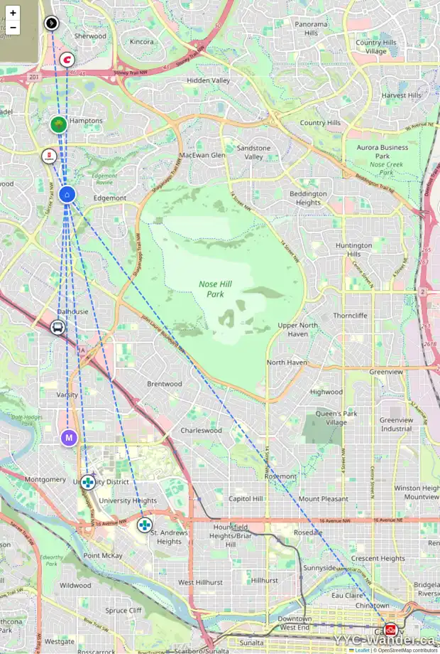 Daily accessibility map for 8 EDGEPARK CR NW, Calgary showing nearby schools, grocery stores, parks, LRT stations and nearby amenities