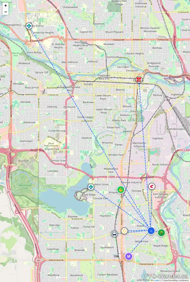 Daily accessibility map for 9820 ATHENS RD SE, Calgary showing nearby schools, grocery stores, parks, LRT stations and nearby amenities
