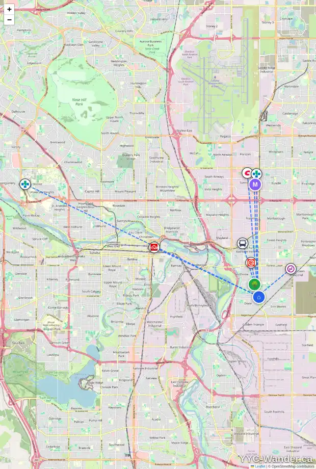 Daily accessibility map for 3456 33A AV SE, Calgary showing nearby schools, grocery stores, parks, LRT stations and nearby amenities