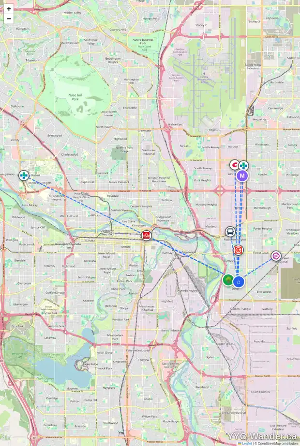 Daily accessibility map for 3202 32A AV SE, Calgary showing nearby schools, grocery stores, parks, LRT stations and nearby amenities