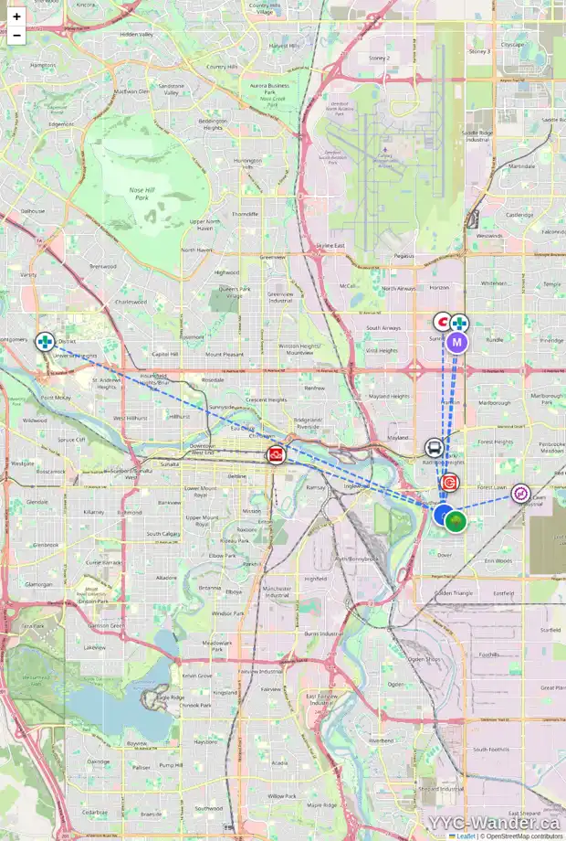 Daily accessibility map for 2445 ELMWOOD DR SE, Calgary showing nearby schools, grocery stores, parks, LRT stations and nearby amenities