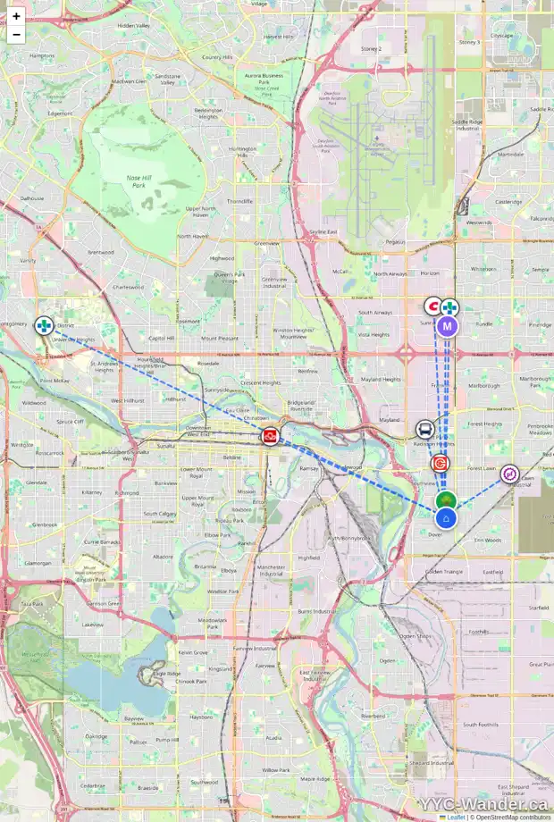 Daily accessibility map for 3249 31A AV SE, Calgary showing nearby schools, grocery stores, parks, LRT stations and nearby amenities