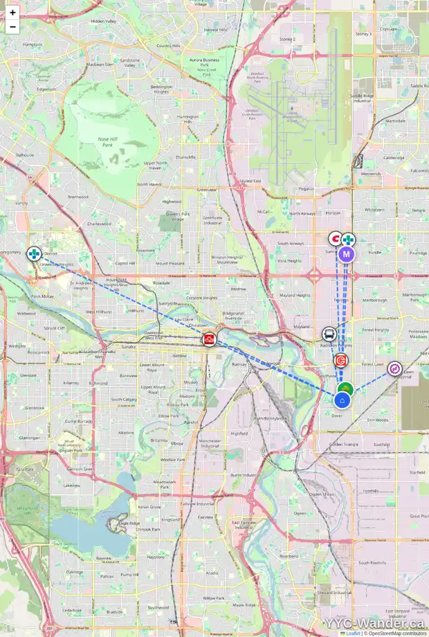 Daily accessibility map for 3206 30A AV SE, Calgary showing nearby schools, grocery stores, parks, LRT stations and nearby amenities
