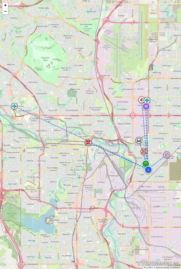 Daily accessibility map for 3450 32A AV SE, Calgary showing nearby schools, grocery stores, parks, LRT stations and nearby amenities