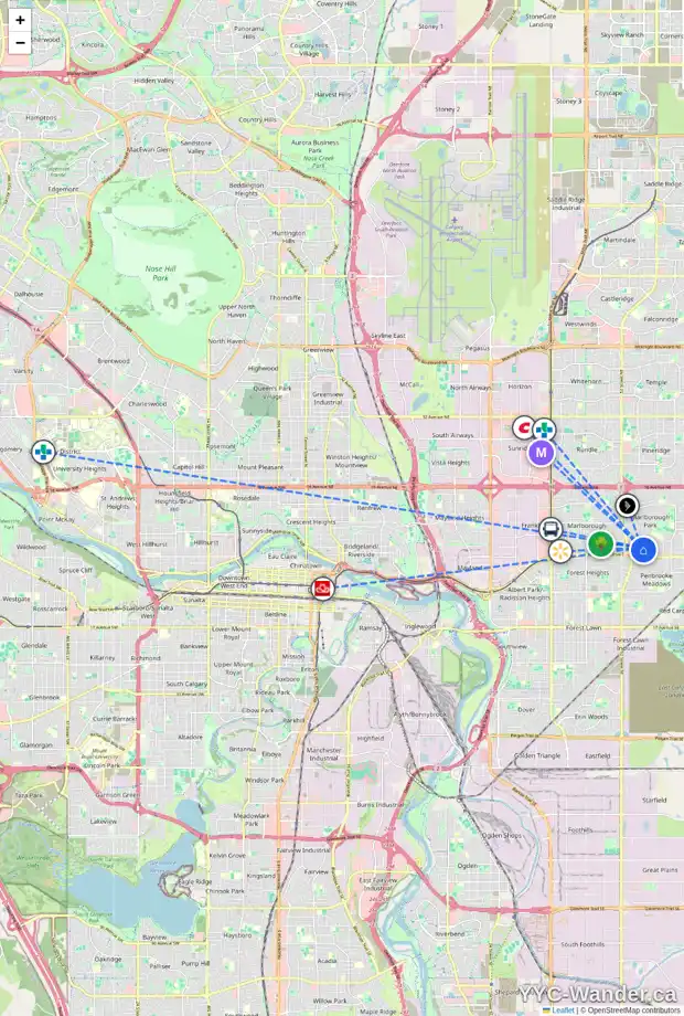 Daily accessibility map for 5528 MEMORIAL DR NE, Calgary showing nearby schools, grocery stores, parks, LRT stations and nearby amenities