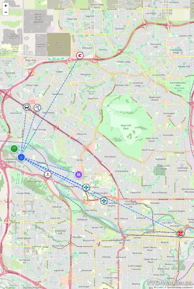 Daily accessibility map for 8707 36 AV NW, Calgary showing nearby schools, grocery stores, parks, LRT stations and nearby amenities