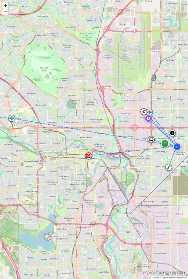 Daily accessibility map for 45 5520 1 AV SE, Calgary showing nearby schools, grocery stores, parks, LRT stations and nearby amenities