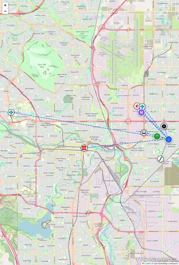 Daily accessibility map for 57 5520 1 AV SE, Calgary showing nearby schools, grocery stores, parks, LRT stations and nearby amenities