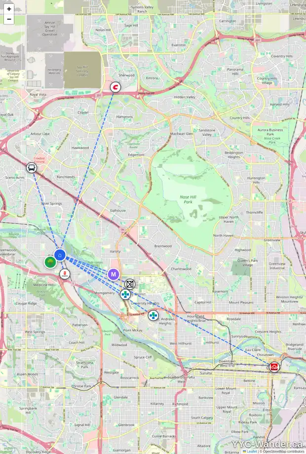Daily accessibility map for 4308 70 ST NW, Calgary showing nearby schools, grocery stores, parks, LRT stations and nearby amenities