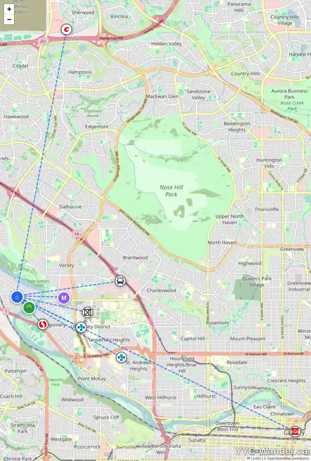 Daily accessibility map for 6328 33 AV NW, Calgary showing nearby schools, grocery stores, parks, LRT stations and nearby amenities