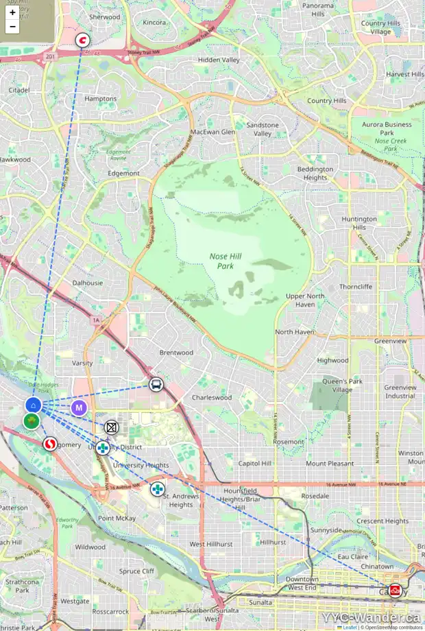 Daily accessibility map for 6023 BOWWATER CR NW, Calgary showing nearby schools, grocery stores, parks, LRT stations and nearby amenities