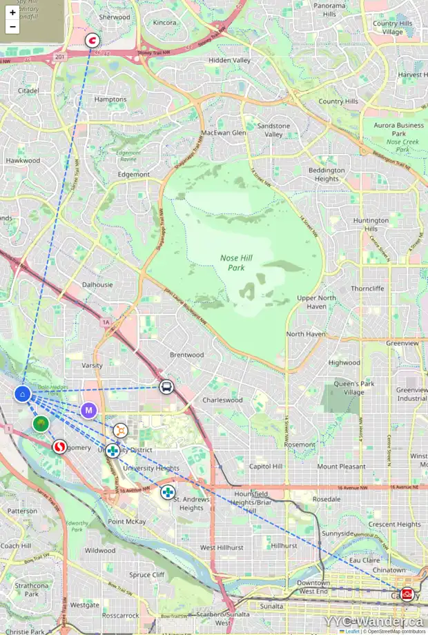 Daily accessibility map for 6311 BOW CR NW, Calgary showing nearby schools, grocery stores, parks, LRT stations and nearby amenities