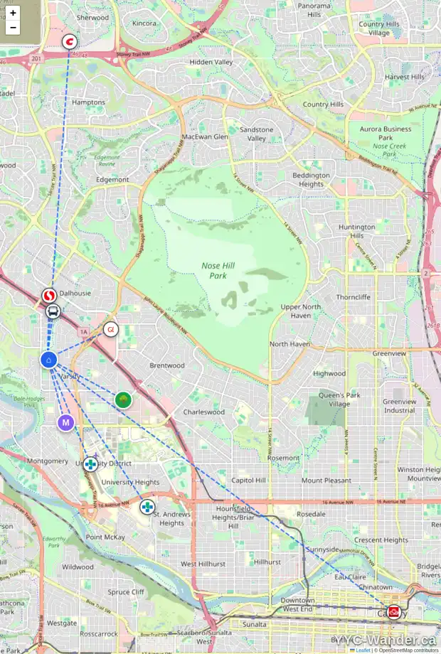 Daily accessibility map for 5232 VERONICA RD NW, Calgary showing nearby schools, grocery stores, parks, LRT stations and nearby amenities