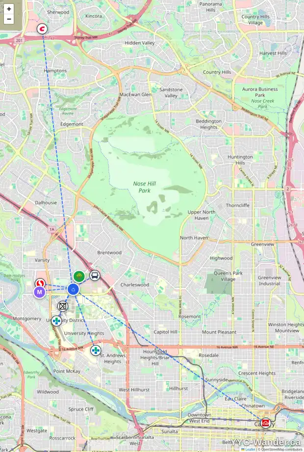Daily accessibility map for 18 VARBROOK PL NW, Calgary showing nearby schools, grocery stores, parks, LRT stations and nearby amenities
