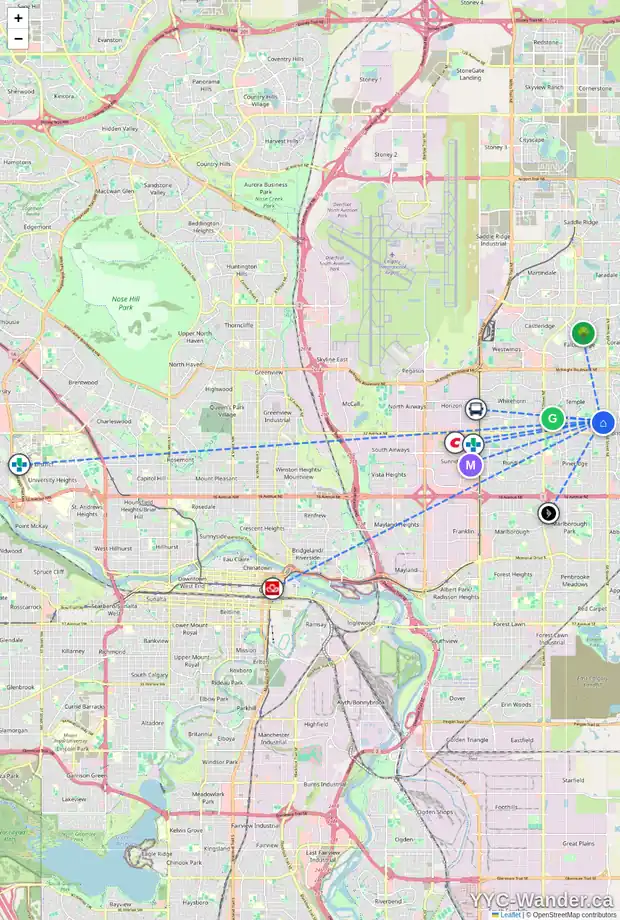 Daily accessibility map for 19 TEMPLETON BA NE, Calgary showing nearby schools, grocery stores, parks, LRT stations and nearby amenities