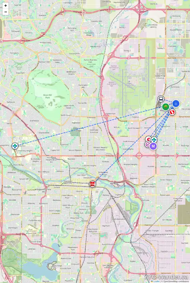 Daily accessibility map for 111 CASTLEGROVE RD NE, Calgary showing nearby schools, grocery stores, parks, LRT stations and nearby amenities
