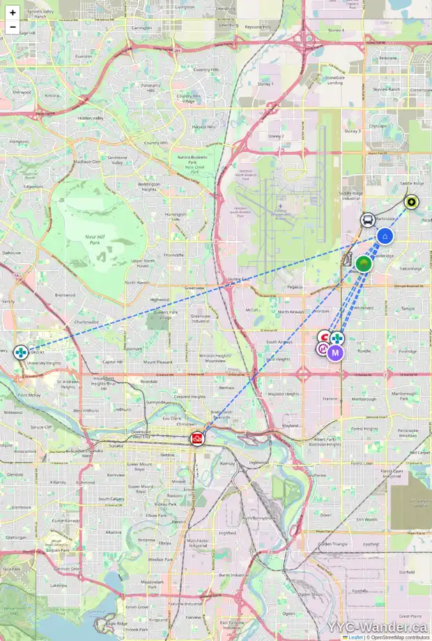 Daily accessibility map for 19 MARTINRIDGE PL NE, Calgary showing nearby schools, grocery stores, parks, LRT stations and nearby amenities