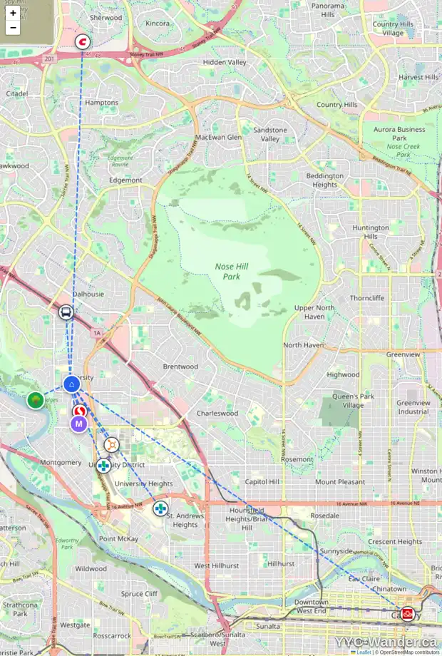 Daily accessibility map for 5015 VALIANT DR NW, Calgary showing nearby schools, grocery stores, parks, LRT stations and nearby amenities